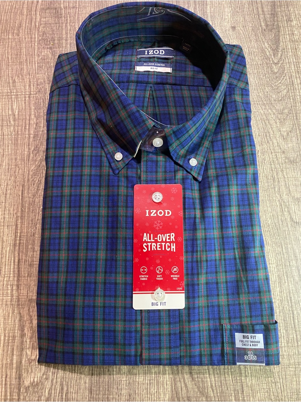 IZOD Men’s Green and Blue Plaid Button-Down Shirt - Big Fit 18 - 34/35